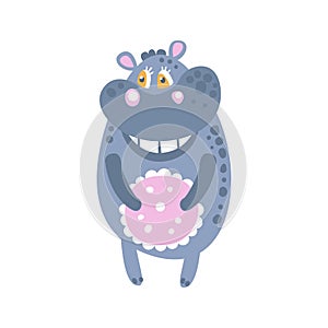 Cute cartoon Hippo character standing, front view vector Illustration