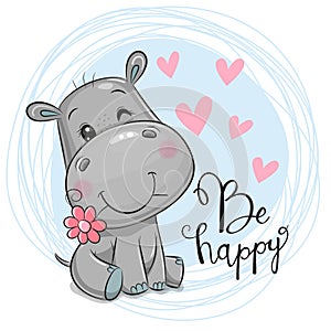 Cute Cartoon Hippo with flower on a blue background