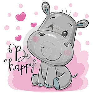 Cute Cartoon Hippo on a pink background