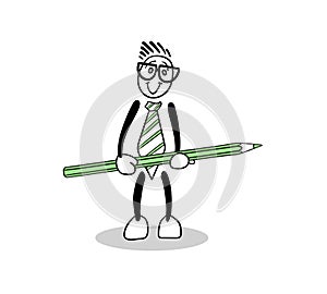 Cute cartoon holding green pencil