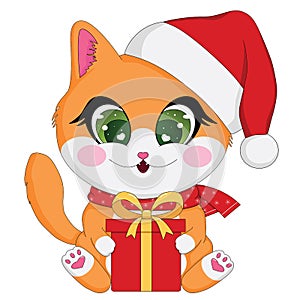 Cute cartoon holiday illustration of ginger baby cat with Christmas gift box