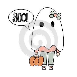 Cute cartoon holiday vector illustration with lovely baby girl in halloween ghost costume