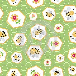 Cute cartoon honey bees and flowers in random honeycomb design. Seamless vector pattern on green hexagon textured