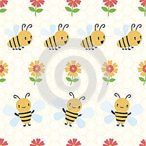 Cute cartoon honey bees and flowers on subtle yellow honeycomb background. Seamless geometric vector pattern. Great for