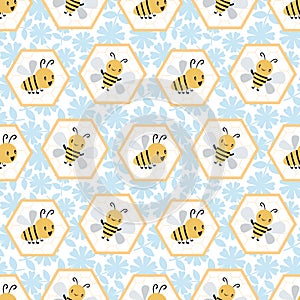 Cute cartoon honey bees in honeycomb cells. Seamless geometric vector pattern on blue and white floral background. Great