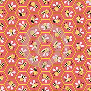 Cute cartoon honey bees in honeycomb cells. Seamless geometric vector pattern on coral pink background. Great for