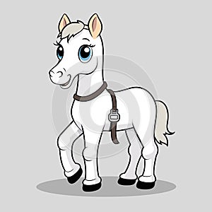 Cute cartoon horse standing with a happy expression. White horse with blue eyes and brown bridle. Friendly animal