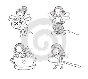 Cute cartoon house fairies. Funny elves. Little girls with wings. Small household items.