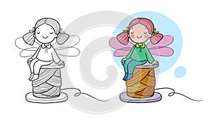 Cute cartoon house fairy. Funny elf. Little girl with wings. Coloring book page