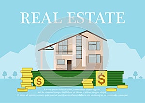 Cute cartoon house for sale or rent in flat building style staing on money. sign real estate.Background in blue pastel