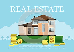 Cute cartoon house for sale or rent in flat building style staing on money. sign real estate.Background in blue pastel