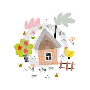 Cute cartoon house with tree, cloud, bird, decor elements. Vector colorful illustration for kids, flat style. hand drawing.