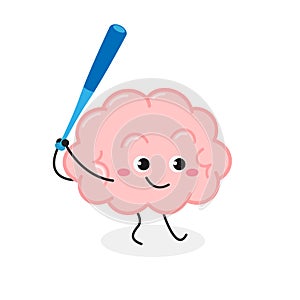 Cute cartoon human brain baseball player batter
