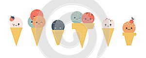Cute cartoon ice cream characters set vector illustration