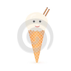 Cute cartoon ice cream. Cone ball of vanilla icecream with eyes and lips. Summer dessert concept. Funny vector illustration