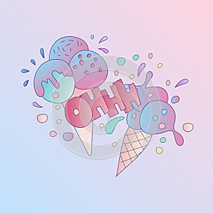 Cute cartoon ice cream icon illustration with lettering Ohh, and splashes around ice cream scoops and cone. Ice cream