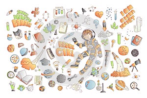 Cute cartoon icons on science, school, study theme. Physics, chemistry, astronomy and other sciences - vector