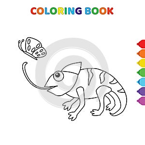 Cute cartoon iguana eats butterfly coloring book for kids. black and white vector illustration for coloring book. iguana eats