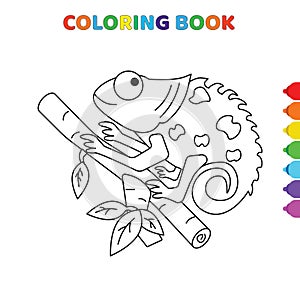 Cute cartoon iguana on tree coloring book for kids. black and white vector illustration for coloring book. iguana on tree concept