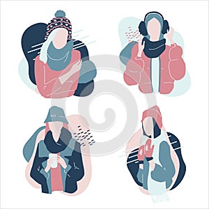 Cute cartoon illustration of beautiful teenage girls in winter fashion clothes. Set of characters in warm winter clothes