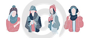 Cute cartoon illustration of beautiful teenage girls in winter fashion clothes. Set of characters in warm winter clothes