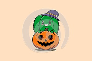 Cute cartoon cactus hiding in the scary pumpkin