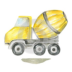 Cute cartoon illustration of construction yellow concrete mixer truck Hand painted watercolor children`s design