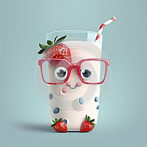 cute cartoon illustration, a glass of strawberrie and milk with glasses, ai generative