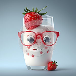 cute cartoon illustration, a glass of strawberrie and milk with glasses, ai generative