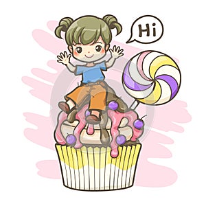 Cute cartoon illustration kid girl and big cupcake with candy