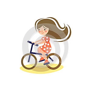 Cute cartoon illustration of little pre teeen girl, riding a bicycle. Child riding bike. Kid on bicycle, Little girl