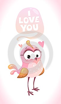 Cute cartoon illustration with little pretty pink bird