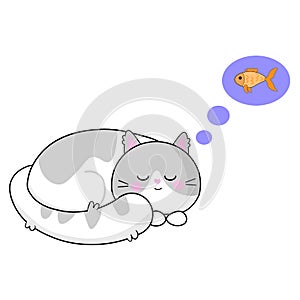 Cute, cartoon illustration of sleeping cat. White background.