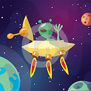 Cute cartoon illustration of UFO and alian creature space ship landing on the Earth or Exo planet. Cute Alien In