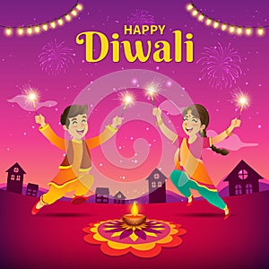 Diwali greeting card with cartoon indian kids photo