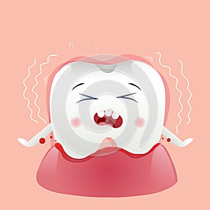 Cute cartoon with the injured tooth causing bleeding and pain in the gums children dentistry concept. photo