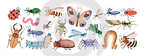 Cute cartoon insect characters set. Funny happy small bugs, butterflies, caterpillars, grasshoppers, beetles, worms