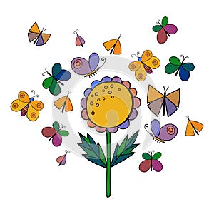 Cute cartoon insect set. Butterflies and flowers. . Vector illustration.