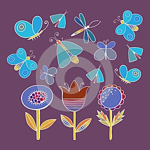 Cute cartoon insect set. Dragonflies, butterflies and flowers. . Vector illustration.