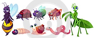 Cute cartoon insects characters snail, bee or bugs