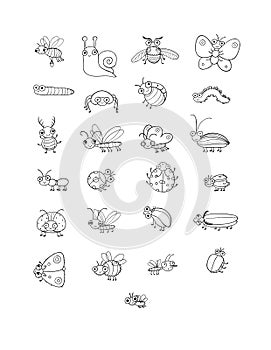 Cute cartoon insects. Funny butterflies, beetles, flies, mosquitoes and snail. Vector