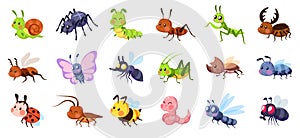 Cute cartoon insects. Funny little insect characters set baby snail, smile spider and caterpillar, little ant, colorful