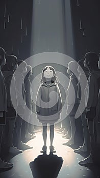 a cute cartoon inspired mobbed girl is standing in the spotlight and looking up, dont give up, ai generated image