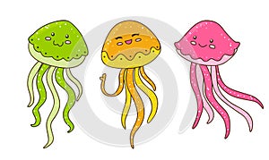 Cute cartoon jellyfishes on white