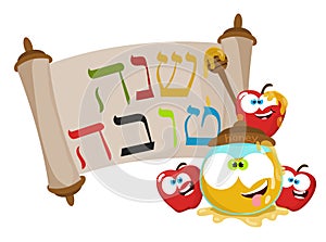 Cute cartoon Jewish New year apples and honey