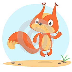 Cute cartoon jumping squirrel in playful mood. Vector illustration isolated.