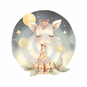 Cute cartoon kawaii baby giraffe watercolor illustration