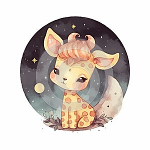 Cute cartoon kawaii baby giraffe watercolor illustration