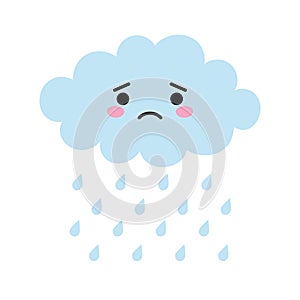 Cute cartoon kawaii blue cloud with rain drops with sad face emotion. Weeping cloud vector illustration