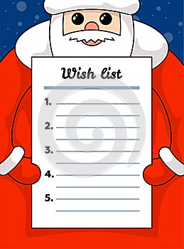 Cute cartoon kawaii Santa Claus holding wish list blank paper. Merry Christmas and Happy New Year holiday vector